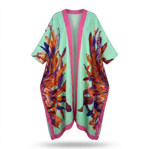 Vibrant Feather Print Kimono