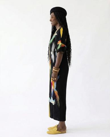 Spirited Pleated Bird Print Kaftan Dress