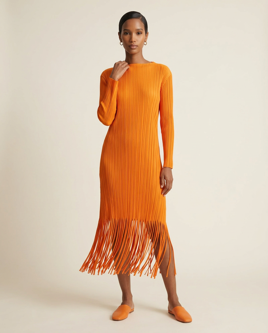 Marigold Plissé Fringe Midi Dress