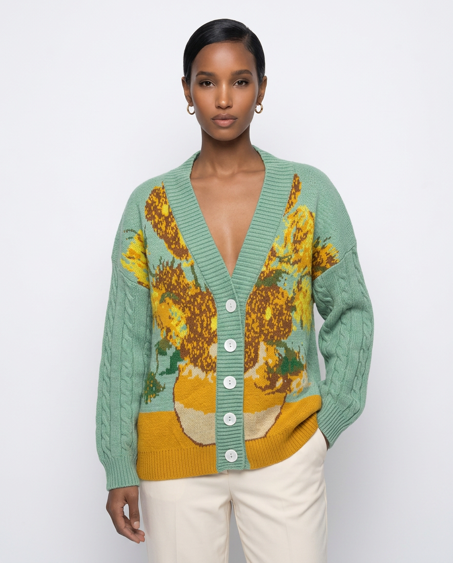 Impressionist Sunflower Knit Cardigan
