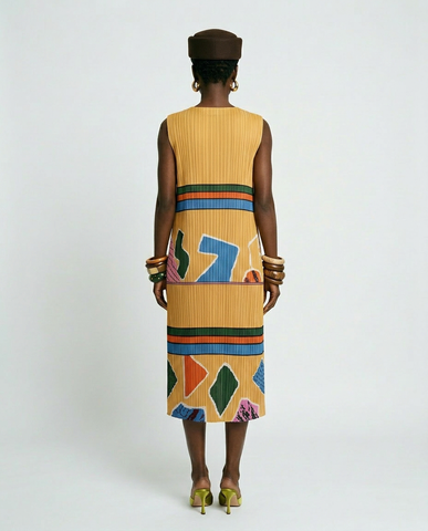 Vibrant Geometric Pleated Midi Dress