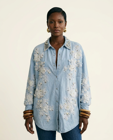 Divine Pearl Floral Denim Blouse
