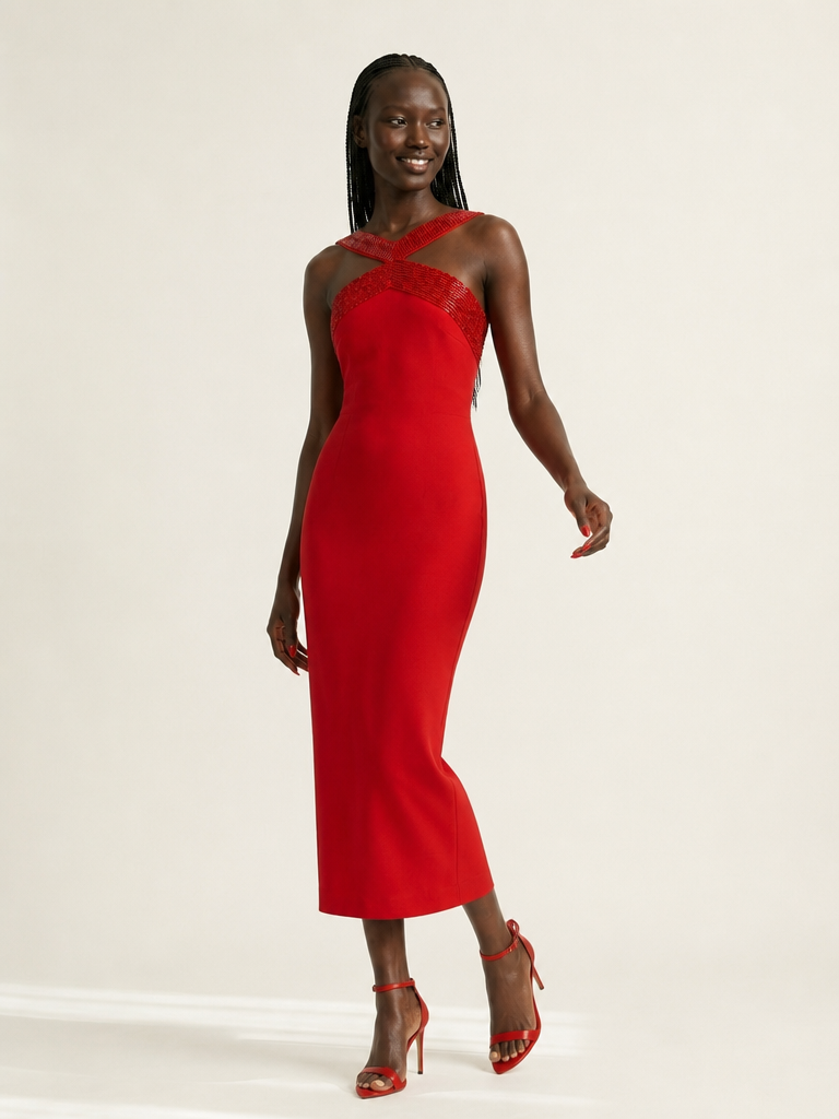 Ivory & Gold Rhinestone Midi Dress
