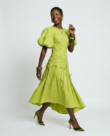 Vibrant Pleated Puff Sleeve Dress