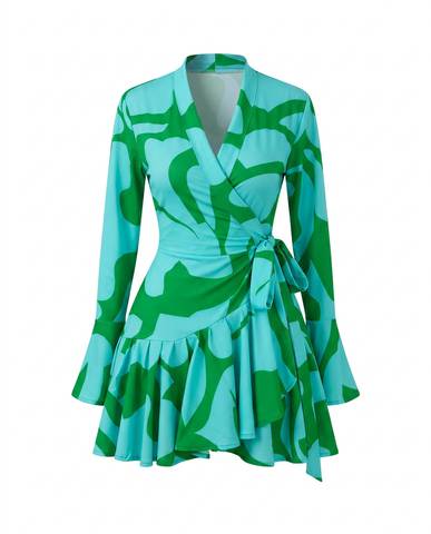 Vibrant Printed Ruffle Wrap Dress