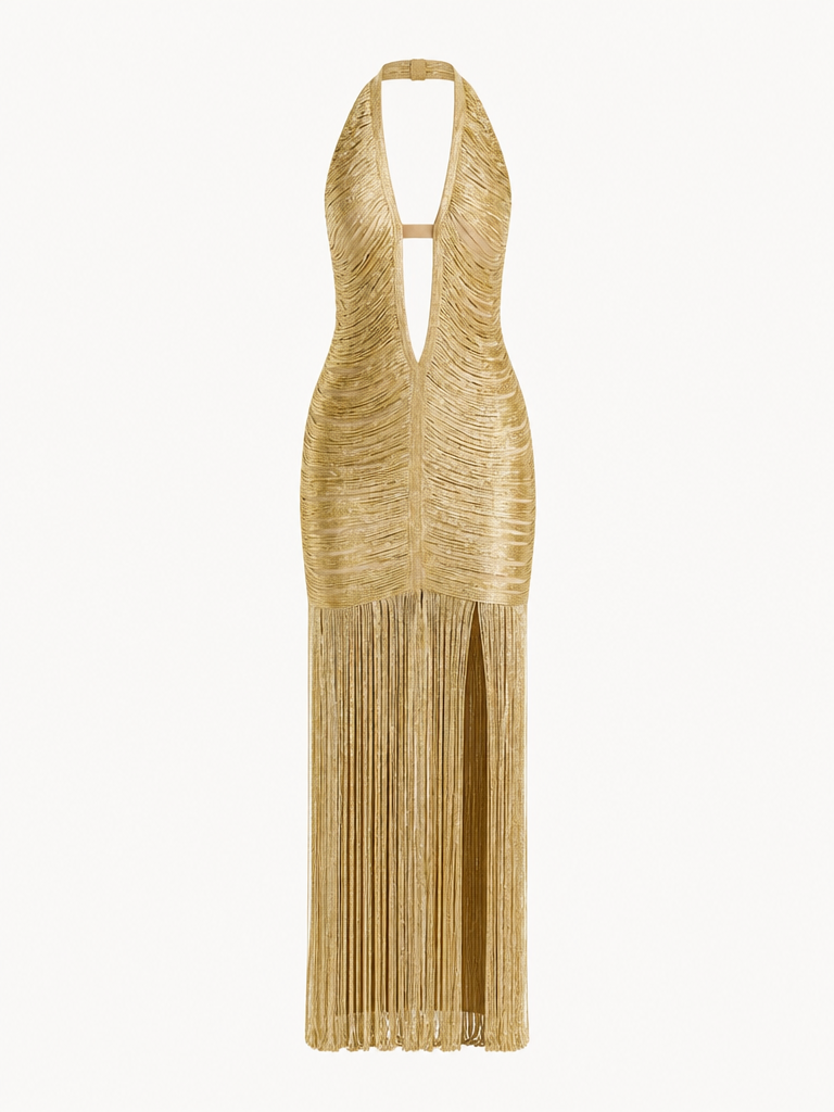 Radiant Golden Tassel Halter Dress