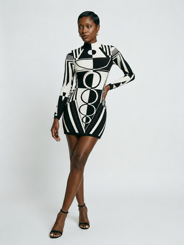 Ivory & Black Geometric Knit Dress