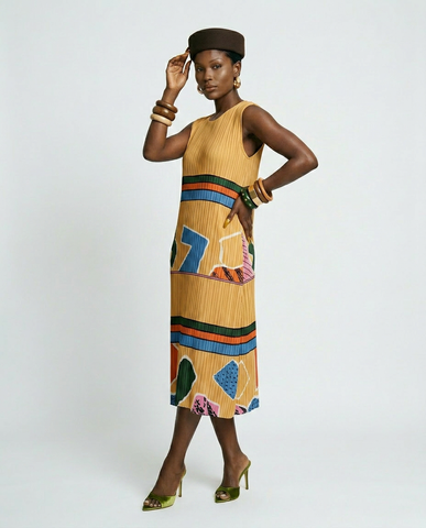 Vibrant Geometric Pleated Midi Dress