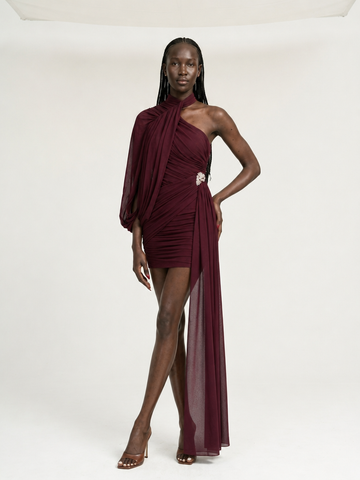 Burgundy Ruched Tassel Mini Dress