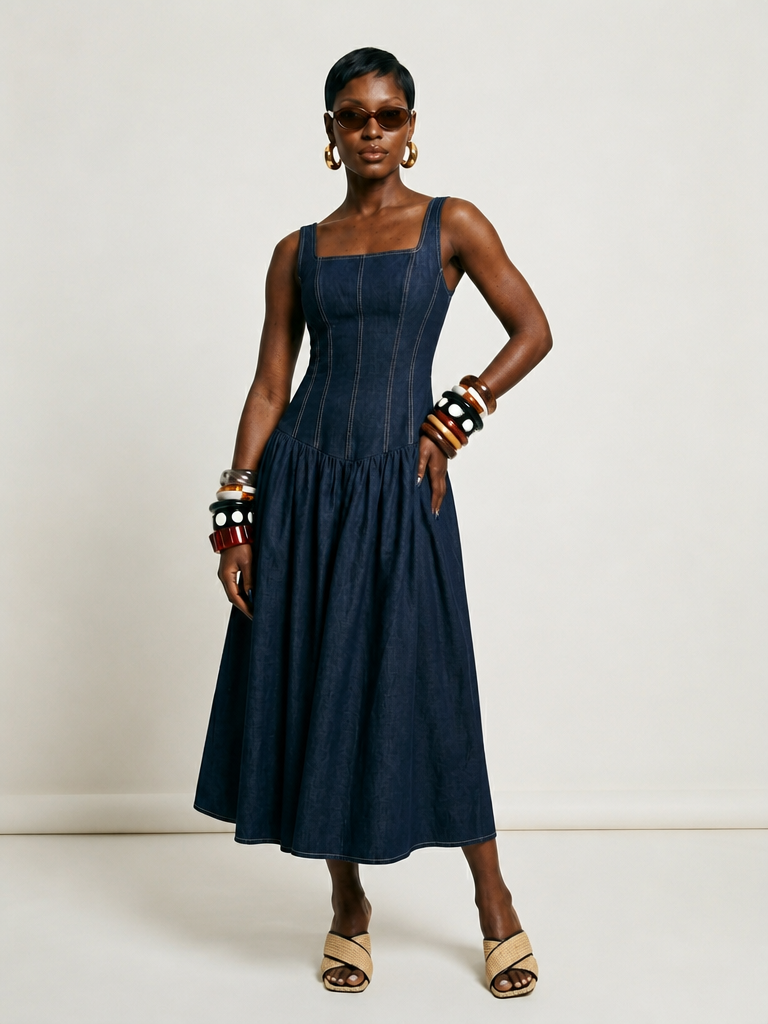 Free Spirit Denim Corset Midi Dress