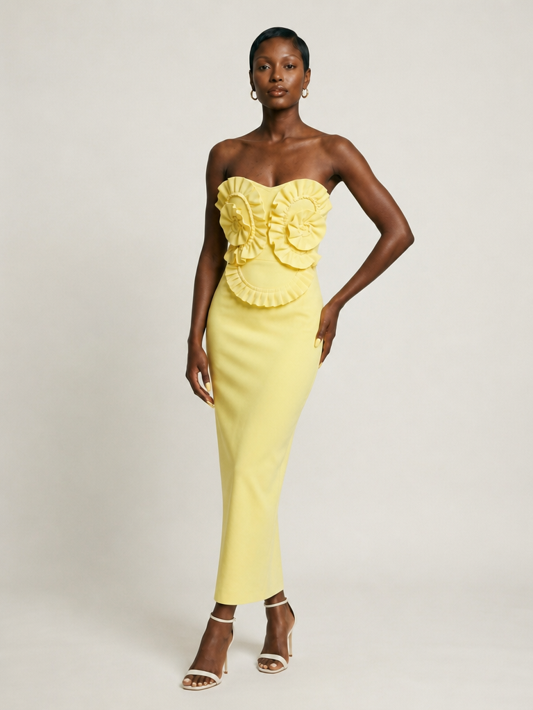 Onyx Ruffle Strapless Gown