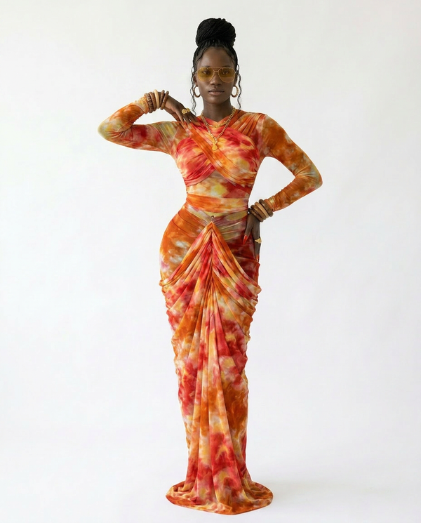 Vibrant Tie-Dye Ruched Maxi Set
