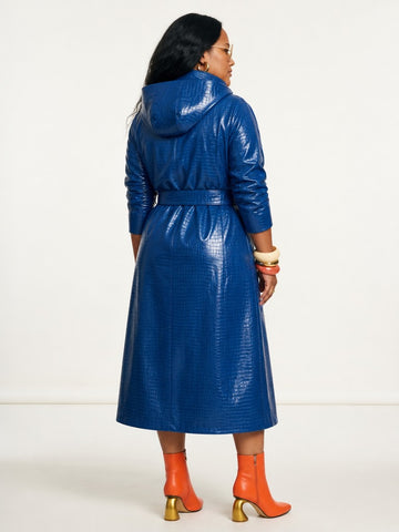 Vibrant Faux Leather Hooded Trench Coat