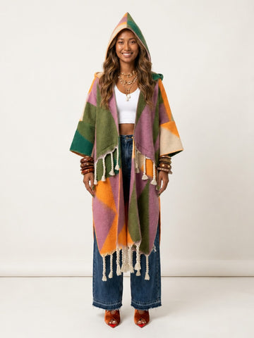 Vibrant Geometric Tassel Hooded Kaftan