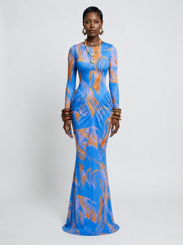 Magnetic Tie Dye Ruched Maxi Dress