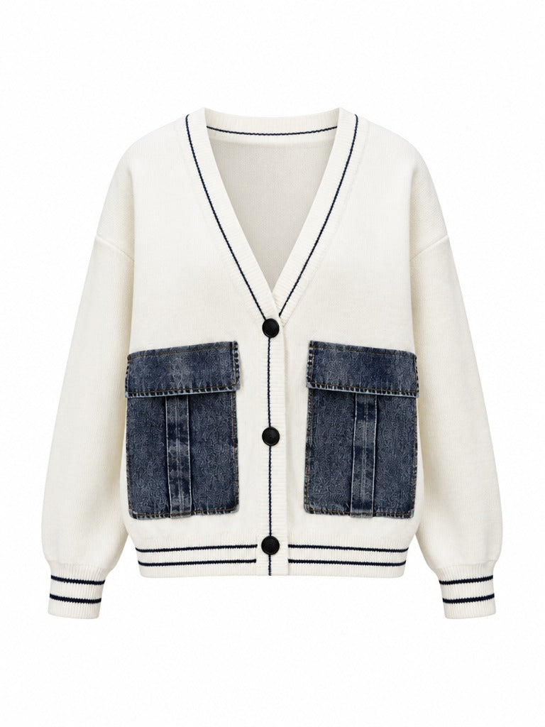 Distinctive Denim Patchwork Knit Cardigan
