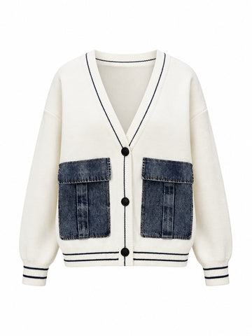 Distinctive Denim Patchwork Knit Cardigan