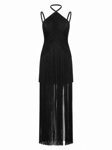 Vibrant Fringe Halter Maxi Dress