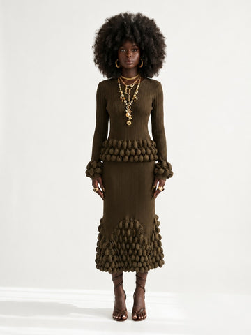 Elegant Pleated Ball Detail Two-Piece Set