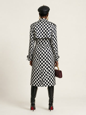 Audacious Checkered Faux Leather Trenchcoat