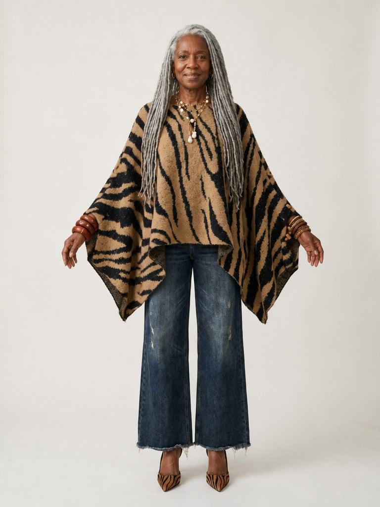 Fierce Zebra Print Knit Poncho