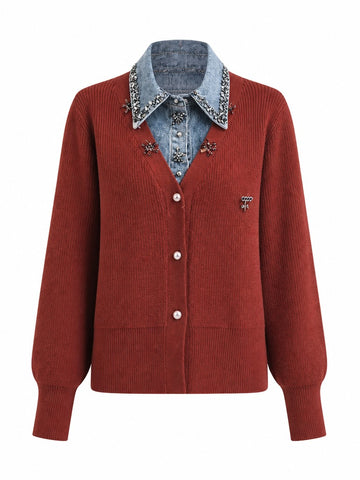 Radiant Rhinestone Denim Patchwork Cardigan