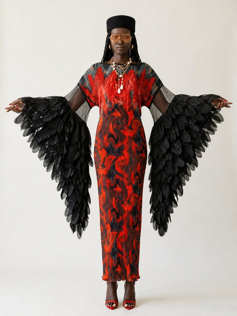 Fierce Pleated Feathered Kaftan