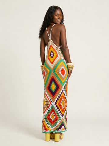 Vibrant Crochet Patchwork Maxi Dress