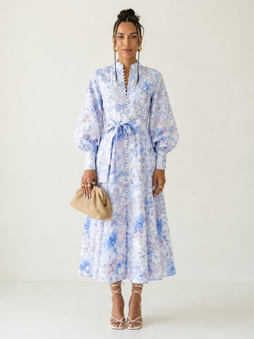 Radiant Floral Lantern Sleeve Maxi Dress