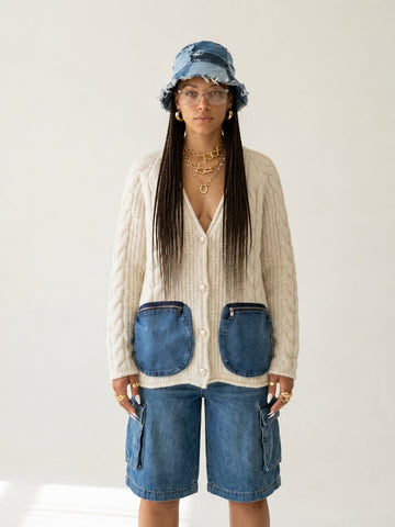 Unique Denim Pocket Knit Cardigan