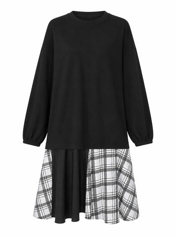 Grounded Plaid Spliced Sweatshirt Dress