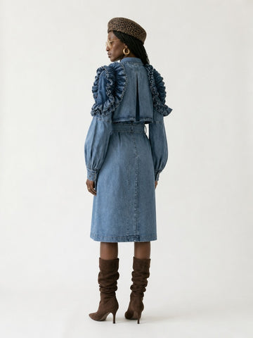 Audacious Ruffled Denim Trench Coat