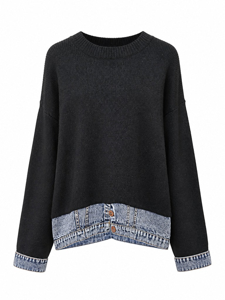 Unique Knit Denim Patchwork Pullover