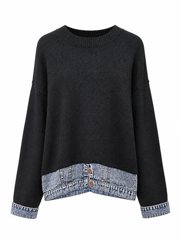 Unique Knit Denim Patchwork Pullover