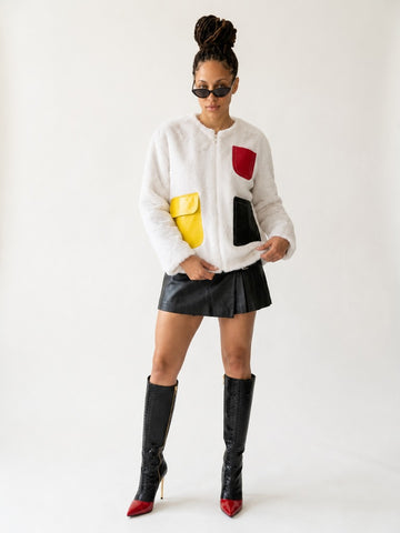 Vibrant Patchwork Faux Fur Jacket
