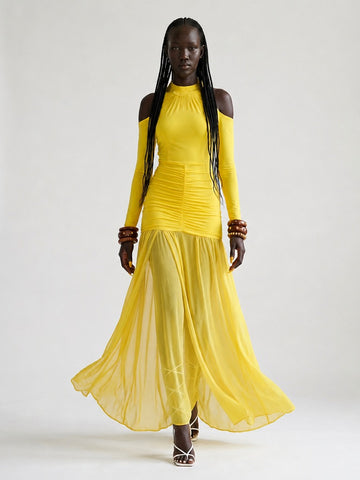 Radiant Ruched Mesh Maxi Dress