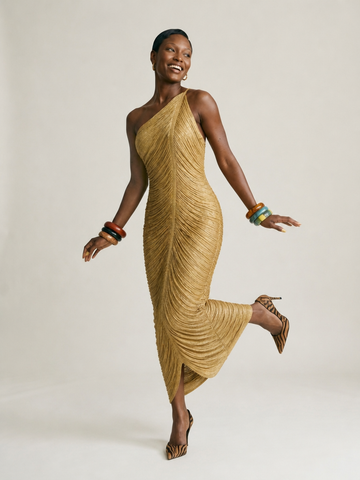 Radiant Gold Ruched Maxi Dress