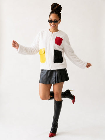 Vibrant Patchwork Faux Fur Jacket