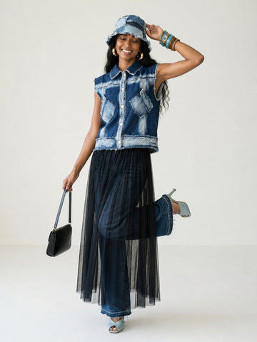 Daring Denim Mesh Blouse