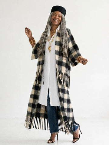 Grounded Plaid Tassel Long Coat