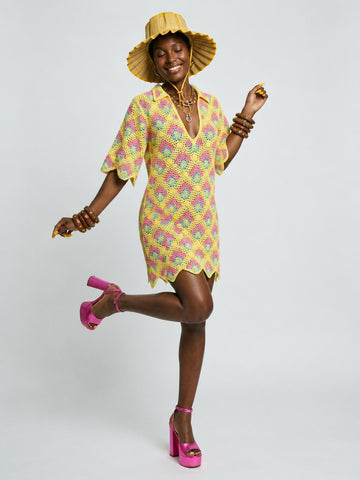 Vibrant Crochet Plaid Mini Dress