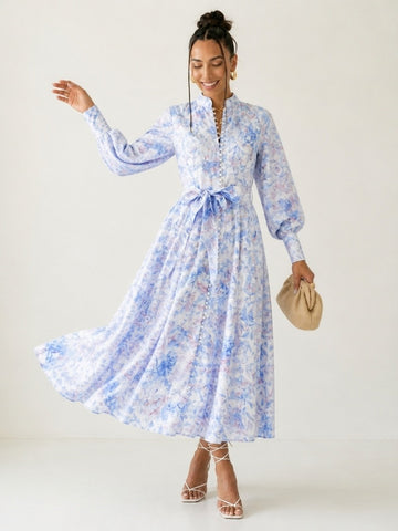 Radiant Floral Lantern Sleeve Maxi Dress