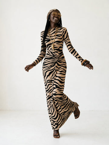 Fierce Zebra Ruched Maxi Dress
