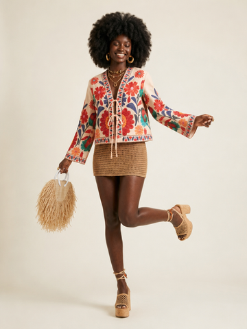 Free Spirit Embroidered Tie-Front Blouse