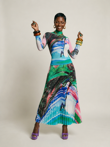 Vibrant Printed Pleated Two-Piece Set