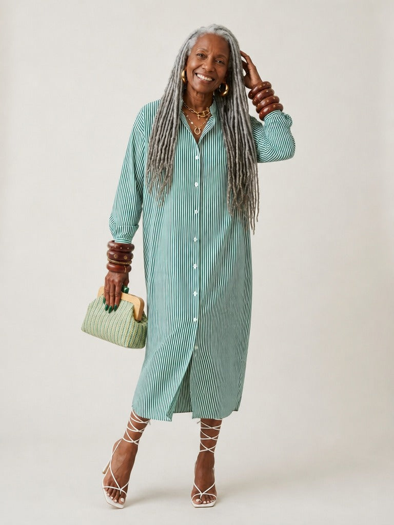 Grounded Striped Midi Shirt Dress