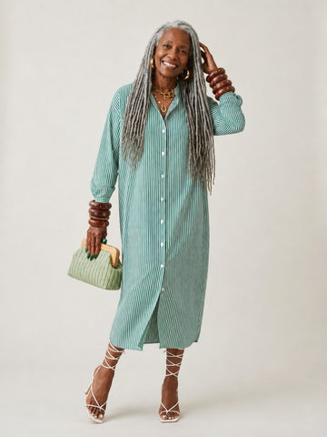 Grounded Striped Midi Shirt Dress