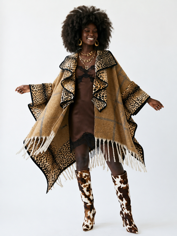 Fierce Leopard Tassel Knit Poncho