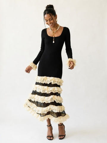Elegant Ruffled Knit Maxi Dress