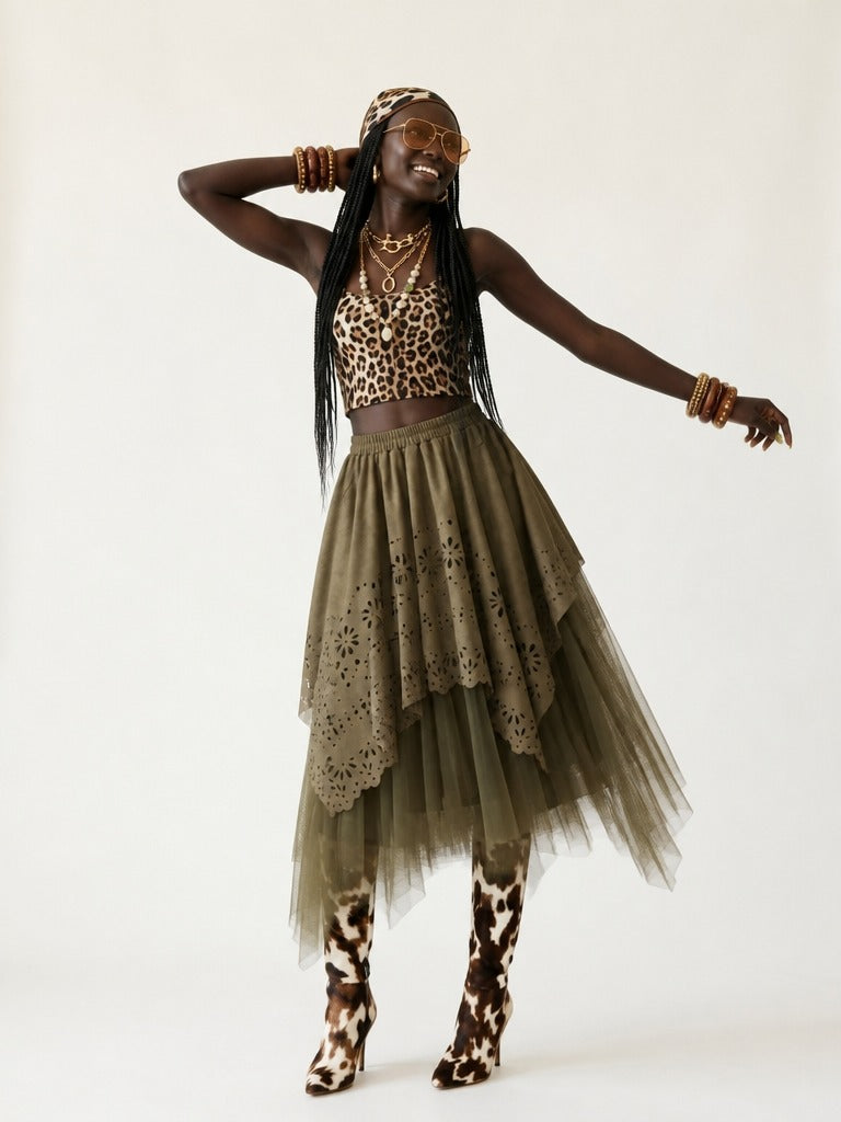 Grounded Faux Suede Mesh Skirt